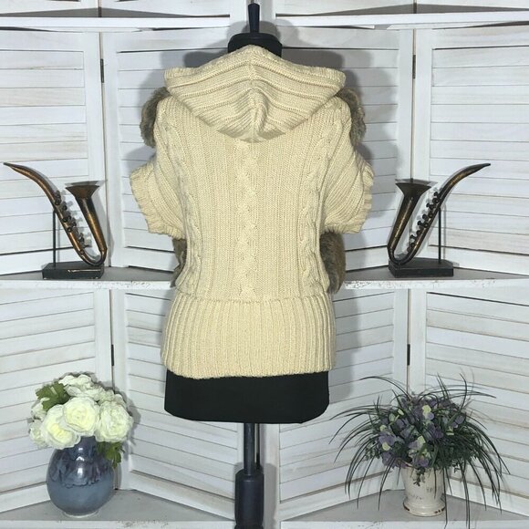 Vintage 90s Y2K Faux Fur vest warm wool brown beige cable knit with hood Sz S - Picture 2 of 12